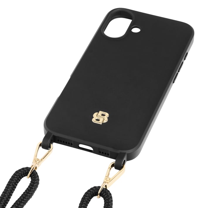 Hugo Boss Phone case, for iPhone 16 Plus, with strap, black-gold