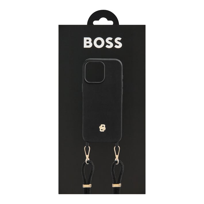 Hugo Boss Калъф за телефон, за iPhone 16 Pro Max, с връзка, черно-златист