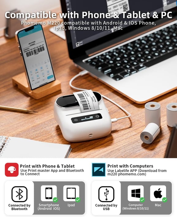 Принтер Phomemo M220-WH, мини, без мастило, максимална широчина на етикета 75 mm, бял