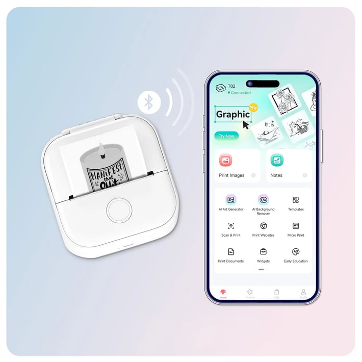 Принтер Phomemo T02-YW, преносим, мини, без мастило, жълт, максимална широчина на етикета 53 mm