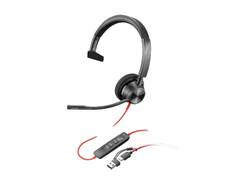 Headphones HP Poly Blackwire 3310, with cable 2.15 m, with microphone, USB Type-C/Type-A adapter, USB Type-C/USB Type-A, 118 dB