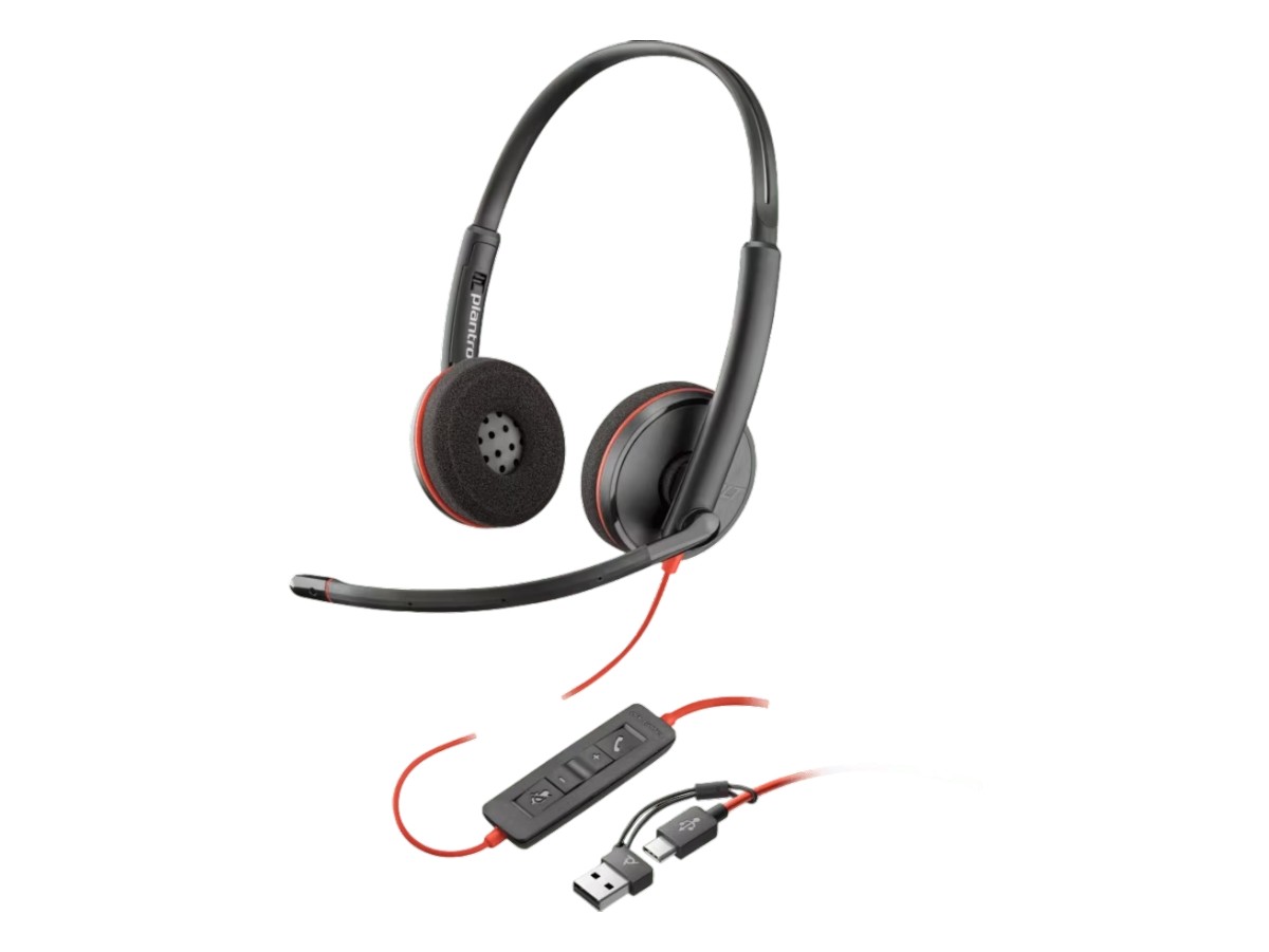 Headphones HP Poly Blackwire 3220, with cable 1.6 m, with microphone, USB Type-C/Type-A adapter, USB Type-C/USB Type-A, 90 dB