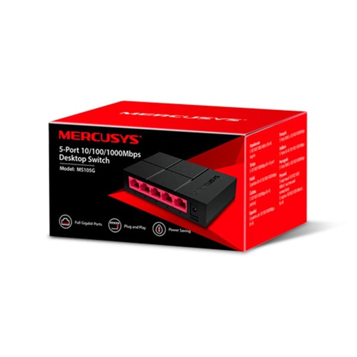 Комутатор Mercusys MS105G, настолен, 5 порта, 10/100/1000 Mbps, черен