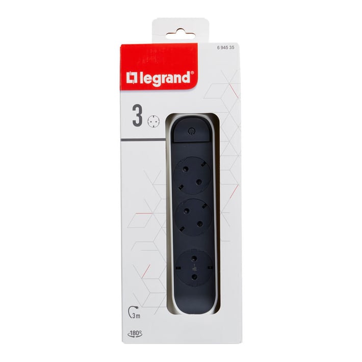 Разклонител Legrand Premium, 3 гнезда, 3 m кабел, максимален ток 16 A, 3680 W, сиво-бял
