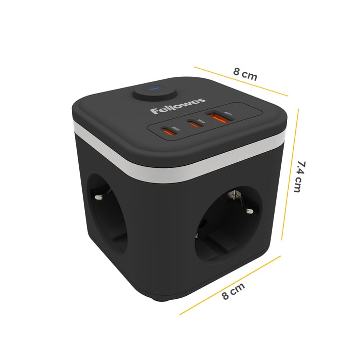 Разклонител Fellowes Ampra Power Cube, шуко, 3 гнезда, 1 USB Type-A, 2 USB Type-C, черен