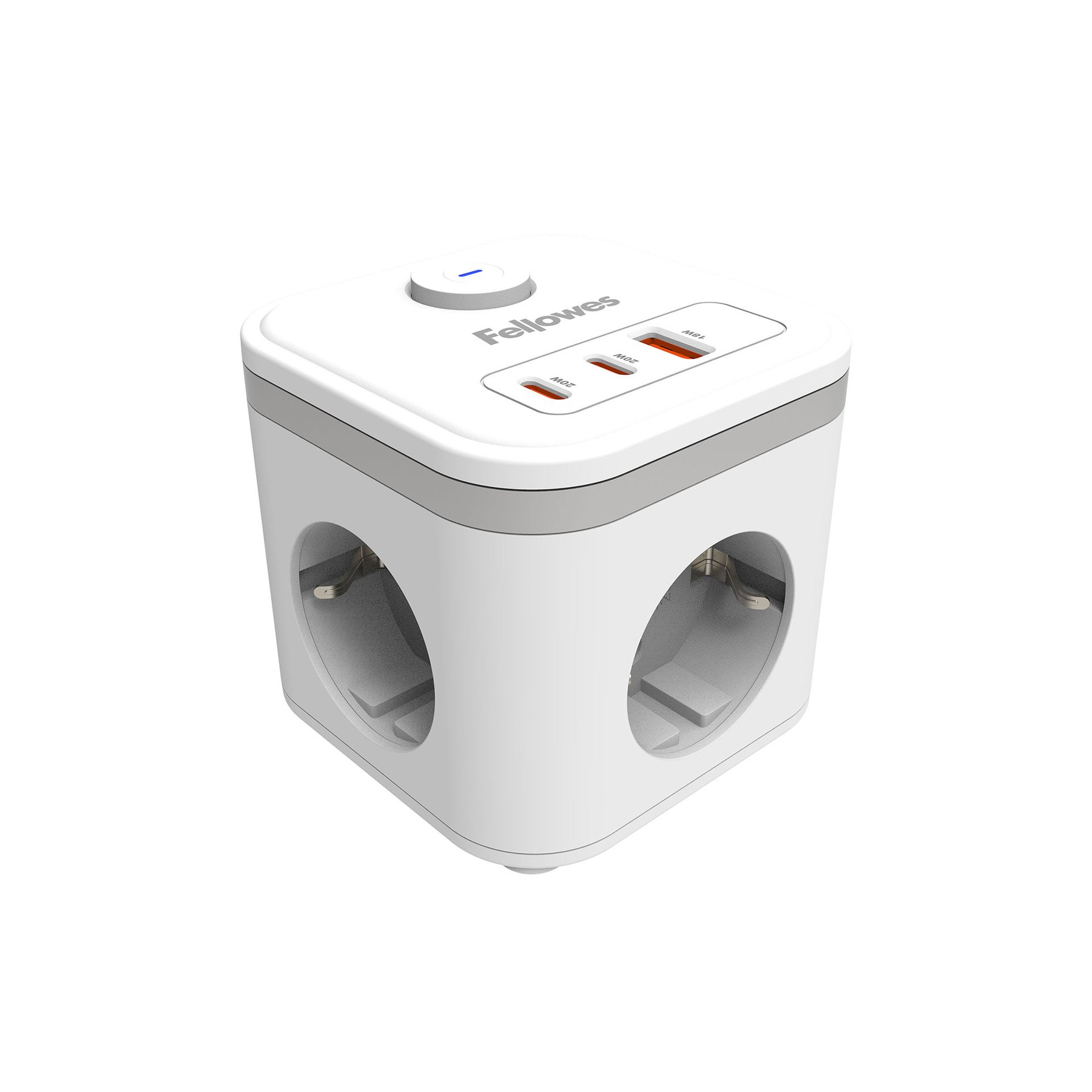 Fellowes Ampra Power Cube Power Strip, Schuko, 3 Outlets, 1 USB Type-A, 2 USB Type-C, White
