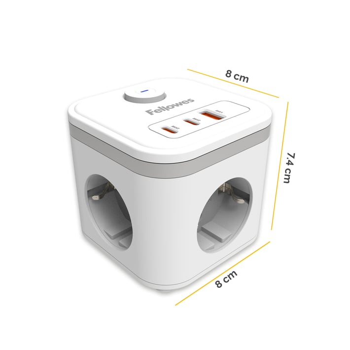 Разклонител Fellowes Ampra Power Cube, шуко, 3 гнезда, 1 USB Type-A, 2 USB Type-C, бял