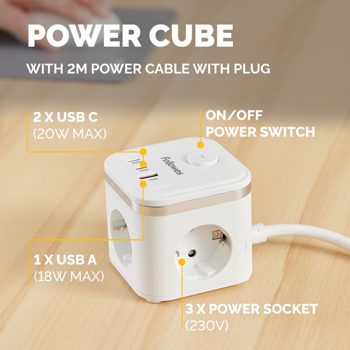 Разклонител Fellowes Ampra Power Cube, шуко, 3 гнезда, 1 USB Type-A, 2 USB Type-C, бял