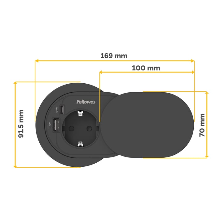 Разклонител Fellowes Ampra Power Spot, шуко, 1 гнездо, 1 USB Type-A, 1 USB Type-C, черен