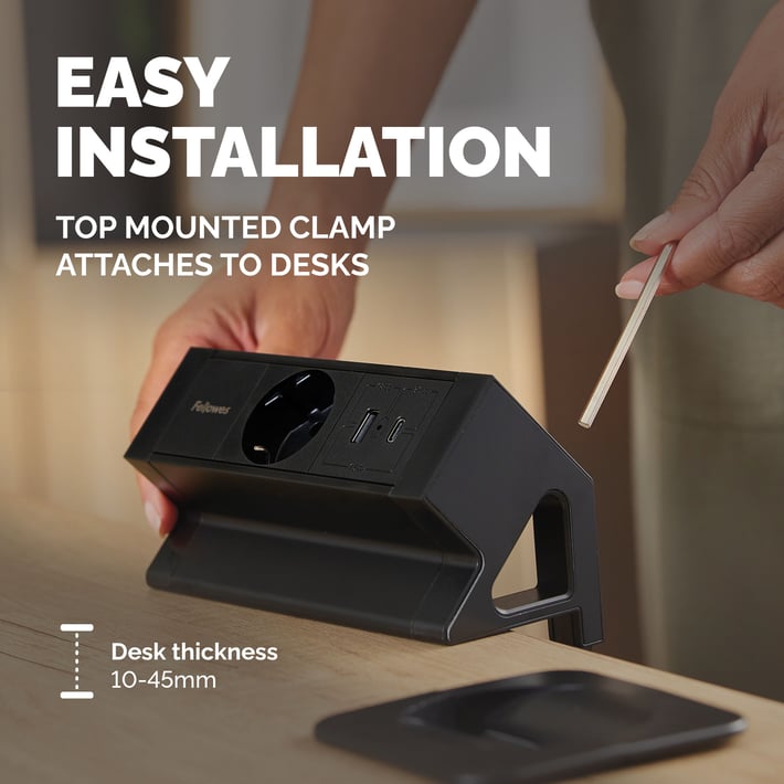 Разклонител Fellowes Ampra Power Desk, шуко, 1 гнездо, 1 USB Type-A, 1 USB Type-C, черен