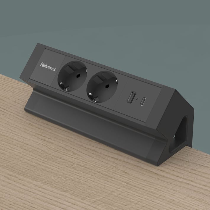 Разклонител Fellowes Ampra Power Desk, шуко, 2 гнезда, 1 USB Type-A, 1 USB Type-C, черен