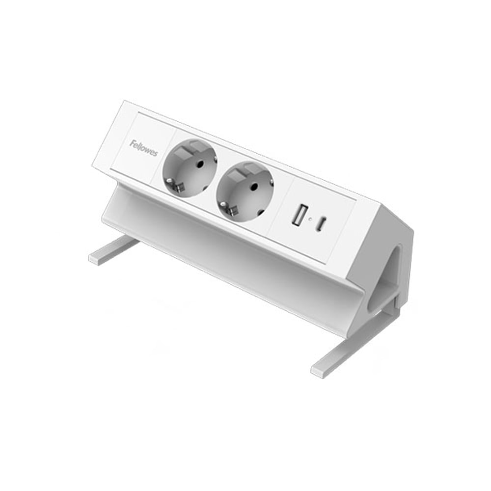Разклонител Fellowes Ampra Power Desk, шуко, 2 гнезда, 1 USB Type-A, 1 USB Type-C, бял