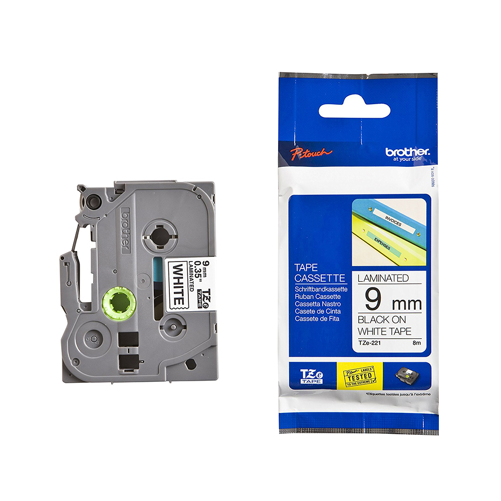 Brother Tape TZE221, Black Print on White Tape, 9 mm