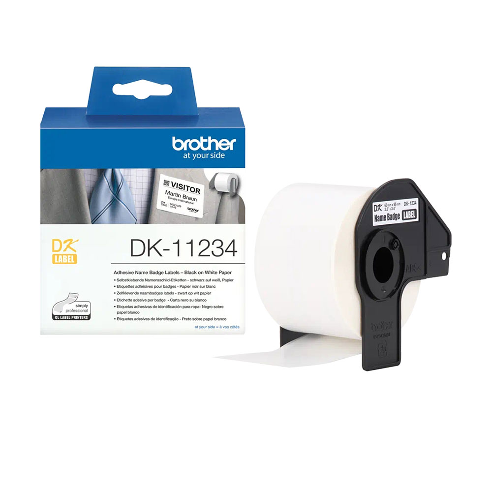Brother DK11234 badge label tape, 60 x 86 mm, black print on white tape, 260 pieces