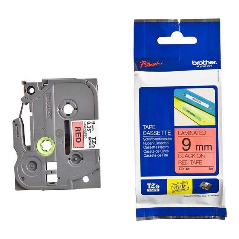 Brother Tape TZE421, black print on red tape, 9 mm