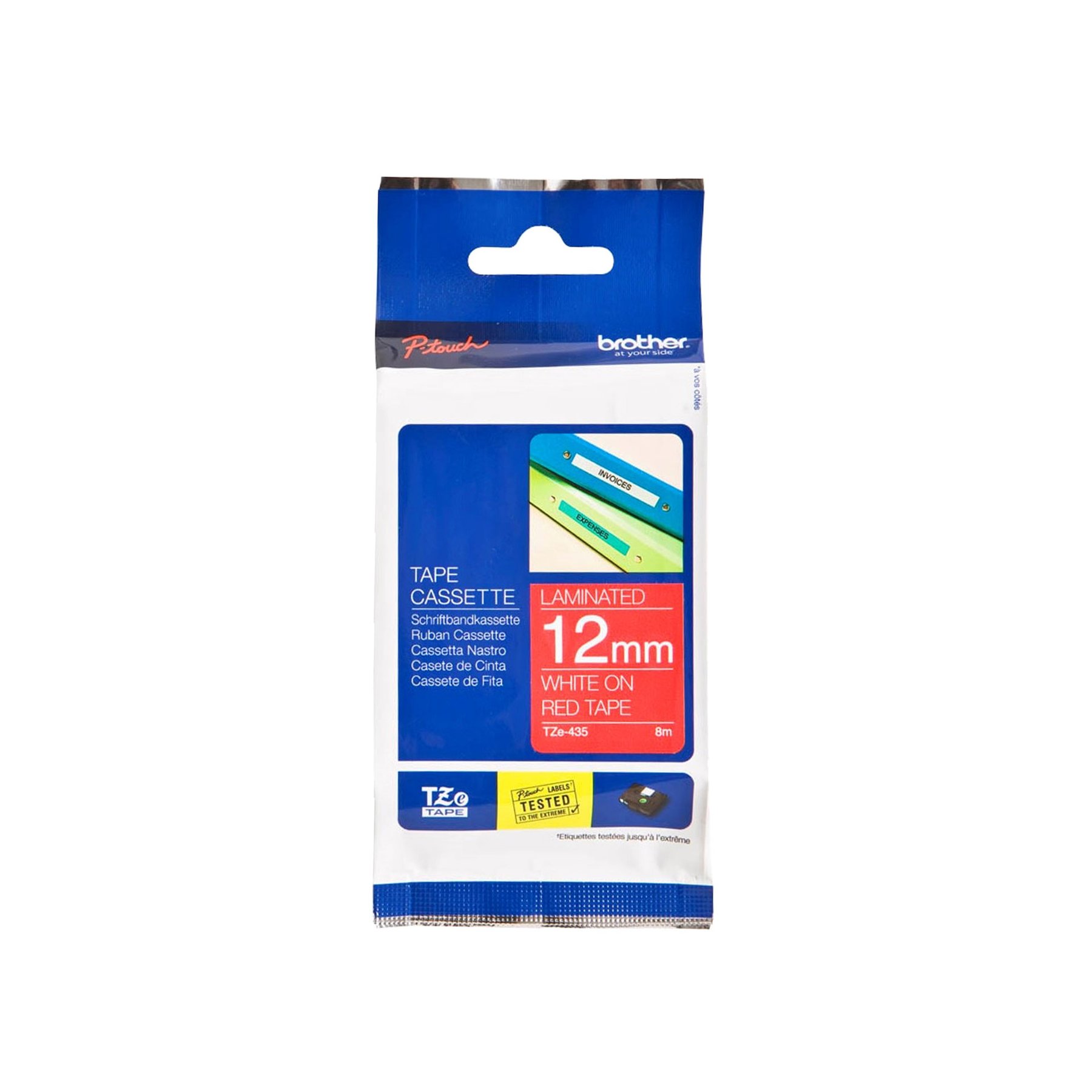 Brother Tape TZE435, White Print on Red Tape, 12 mm