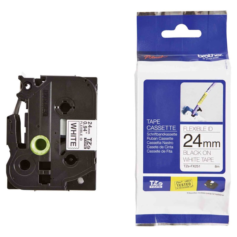 Brother Tape TZEFX251, for black print on white tape, 24 mm x 8 m