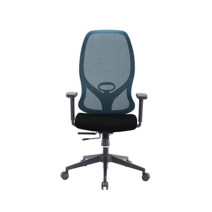 Ергономичен стол RFG STAR HB, дамаска и меш, Synchronous механизъм, до 150 kg, черна седалка, синя облегалка