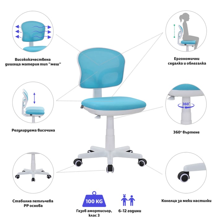 Детски стол RFG Honey White, меш, до 100 kg, син