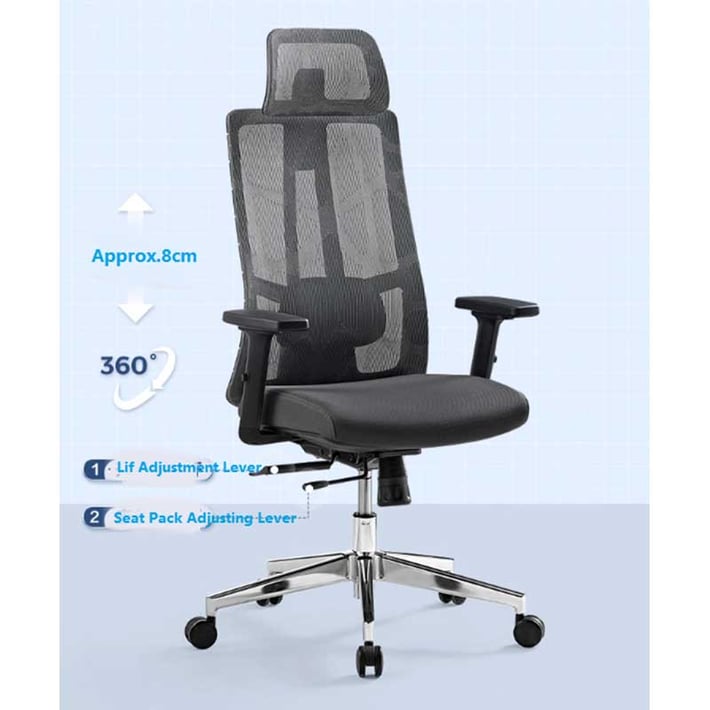 Ергономичен стол RFG Artur HB, дамаска и меш, до 150 kg, черна седалка, черна облегалка