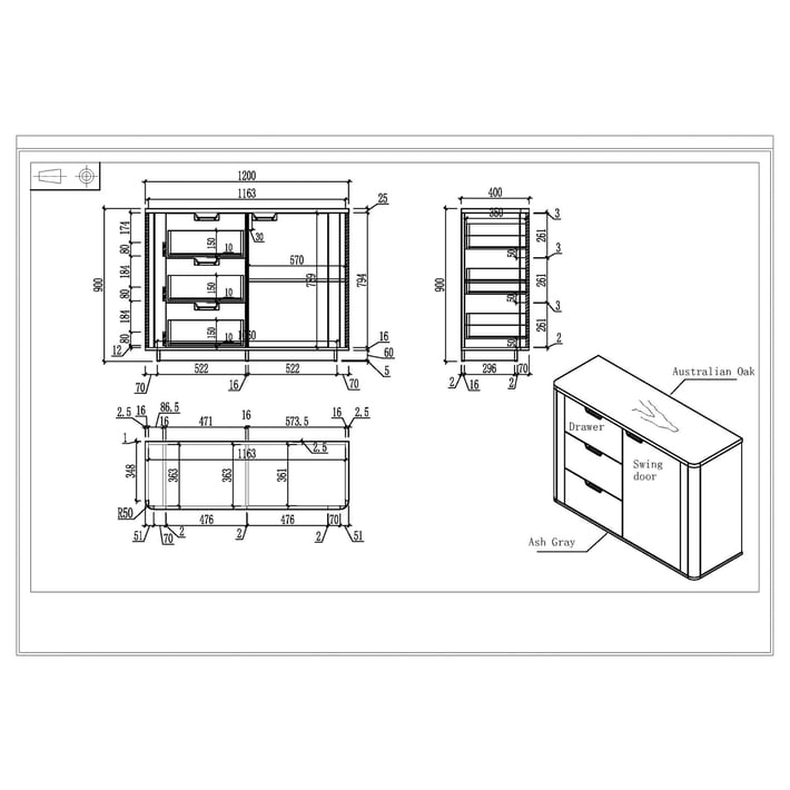 Cabinet RFG Elmaz, 1 200 x 400 x 900 mm, Australian oak and grey
