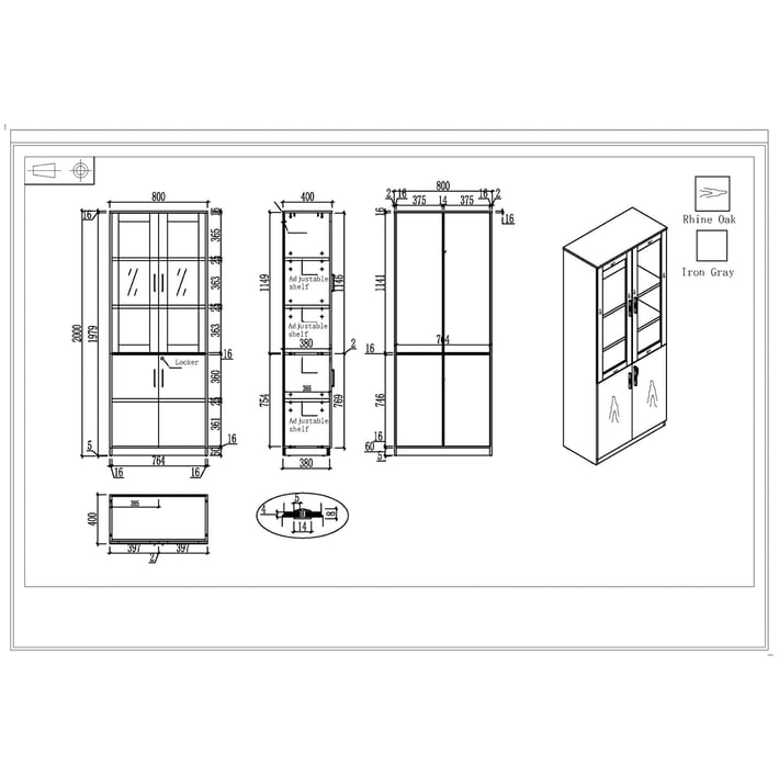 RFG Cabinet Chicago, with glass doors, 800 x 400 x 2000 mm, Reine oak and dark gray