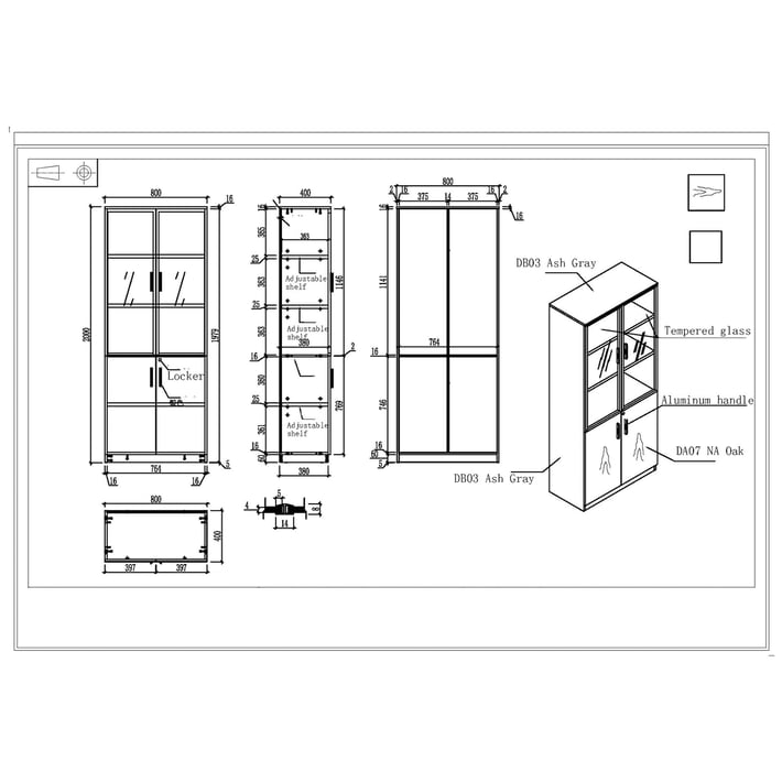 Шкаф RFG Lisabon, със стъклени врати, 800 х 400 х 2000 mm, ПДЧ, дъб и сиво