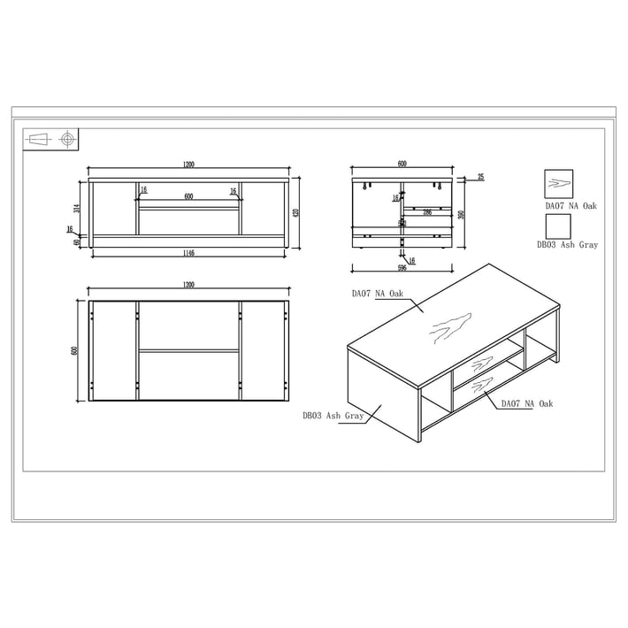 Ниска маса RFG Lisabon, 1200 х 600 х 420 mm, правоъгълен плот, ПДЧ 25 mm, дъб и сиво