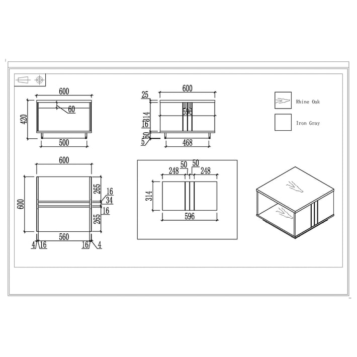 Ниска маса RFG Chicago, 600 х 600 х 420 mm, квадратен плот, ПДЧ 25 mm, дъб Рейн и тъмносиво