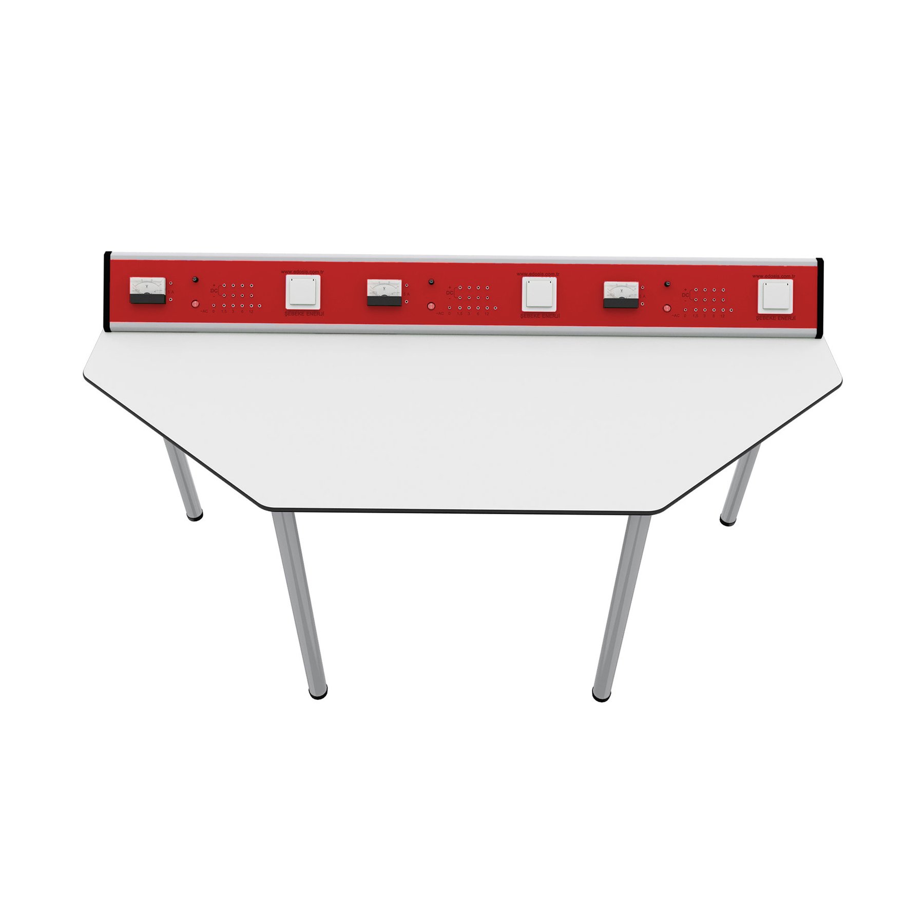 Physics Laboratory Table RFG Quin, above grade VII, 170 x 70 x 75 cm, HPL top, metal legs, red-white, assembled sample