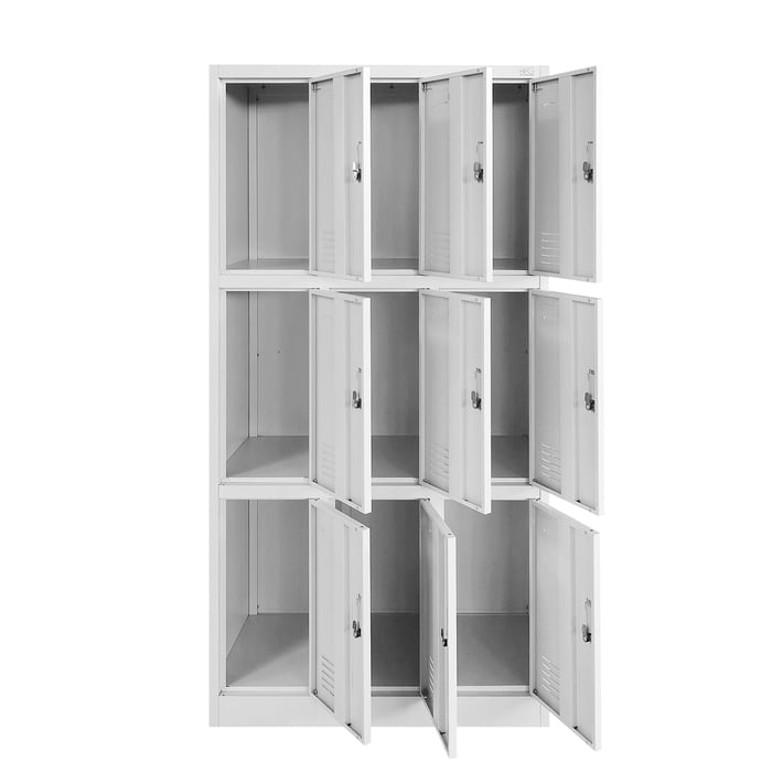 Гардероб RFG, метален, троен, с девет клетки, 90 x 45 x 185 cm, сив корпус, врати със сив цвят