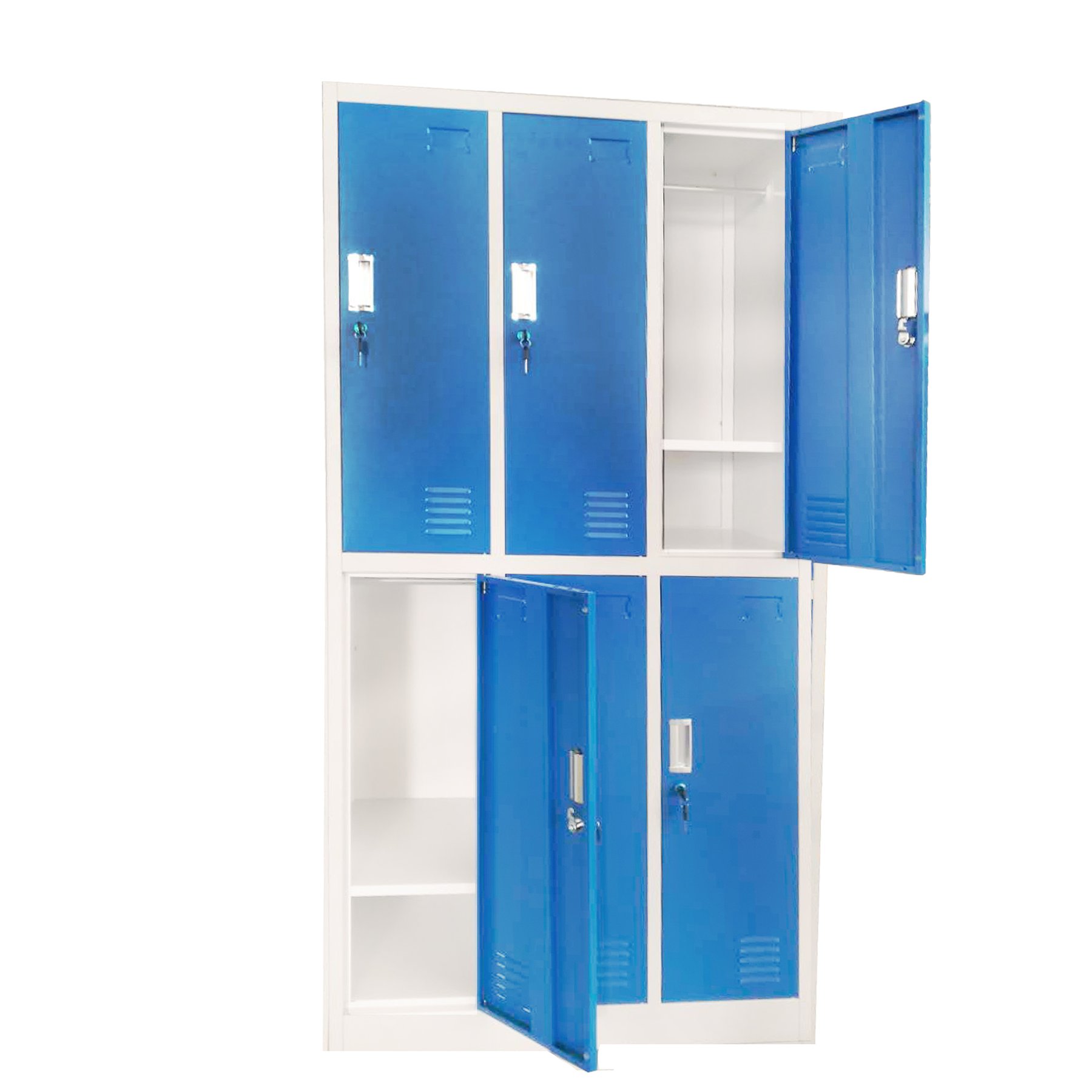 RFG Wardrobe, metal, triple, with six compartments, 90 x 45 x 185 cm, gray body, blue doors