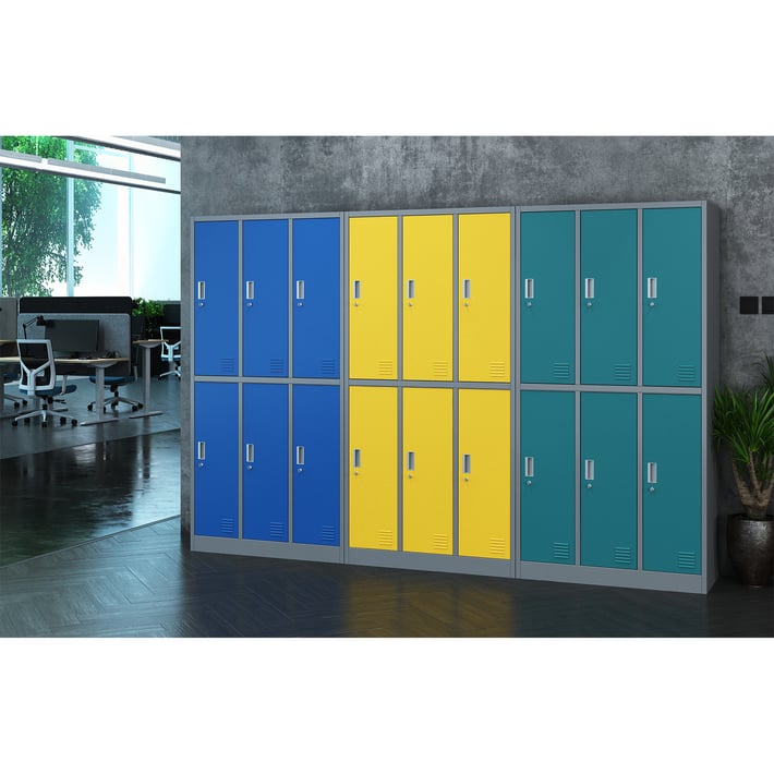 Гардероб RFG, метален, троен, с шест клетки, 90 x 45 x 185 cm сив корпус, врати с жълт цвят