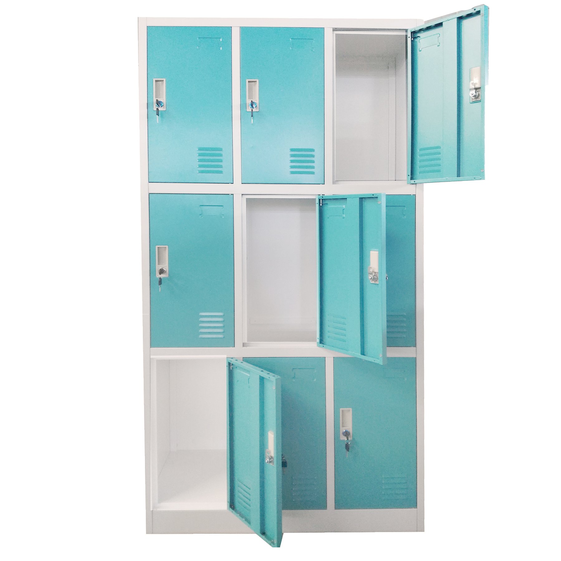 RFG Metal wardrobe, triple, with nine compartments, 90 x 45 x 185 cm, grey body, turquoise doors