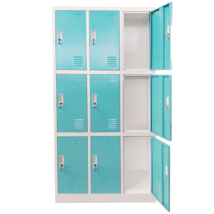Гардероб RFG, метален, троен, с девет клетки, 90 x 45 x 185 cm, сив корпус, врати с тюркоазен цвят