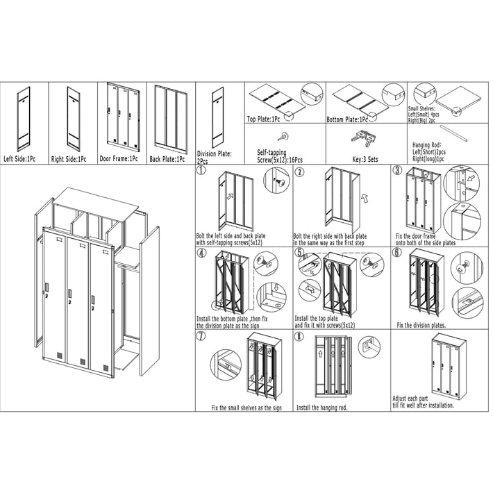 Гардероб RFG, метален, троен, 90 х 45 х 185 cm, сив