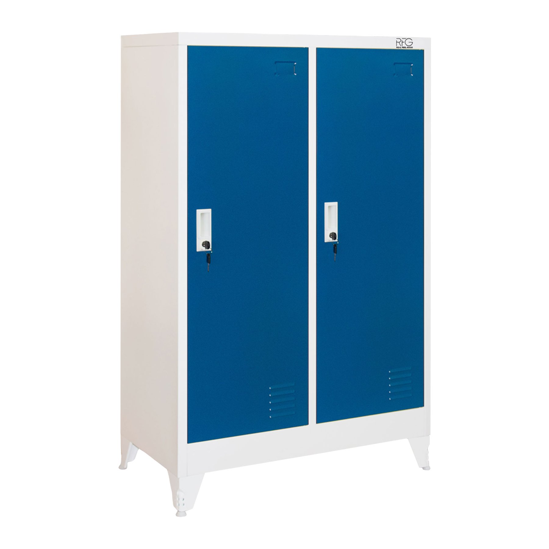 RFG Wardrobe, metal, double, with two doors, 80 x 40 x 120 cm, white, with blue doors