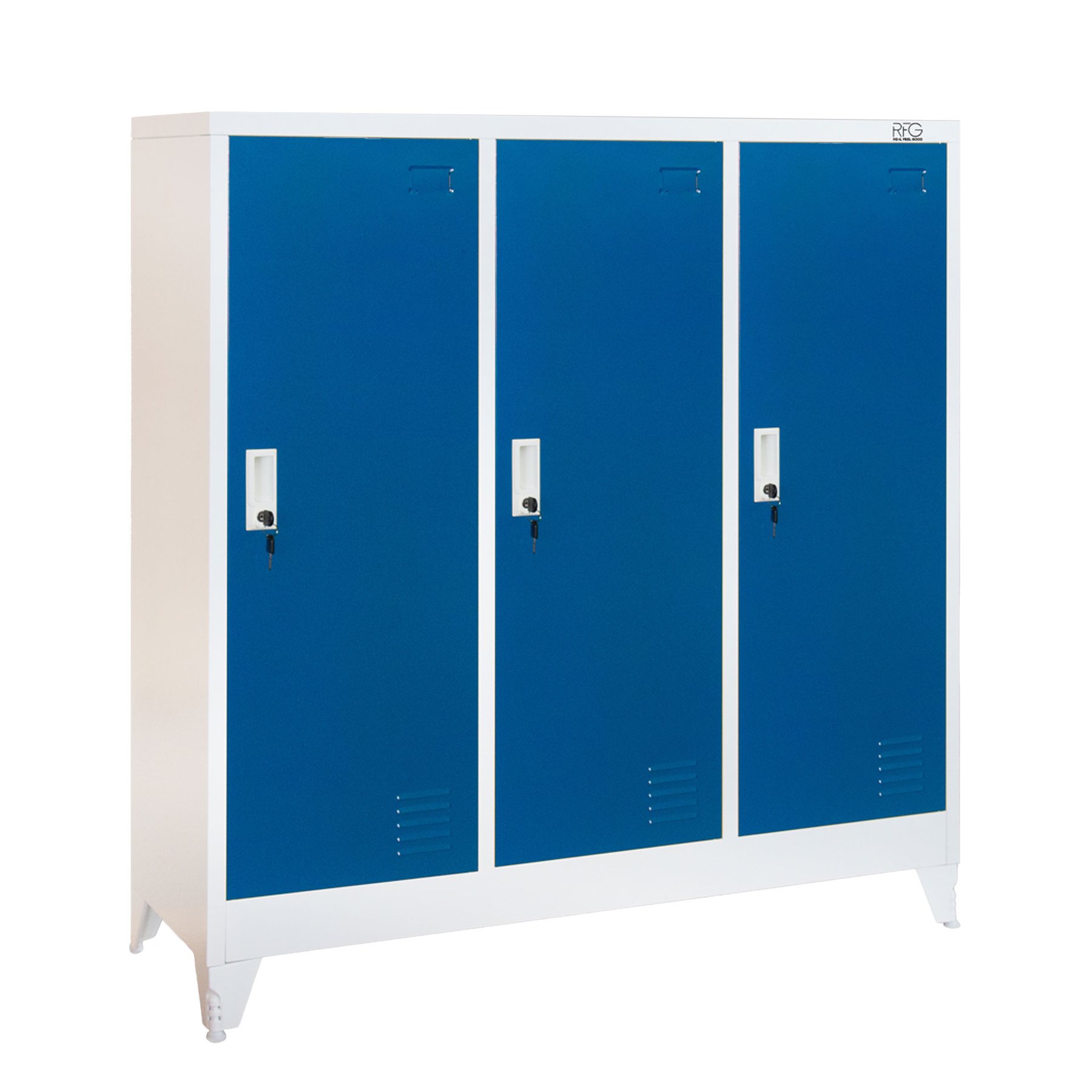 RFG Wardrobe, metal, triple, with three doors, 120 x 40 x 120 cm, white, with blue doors