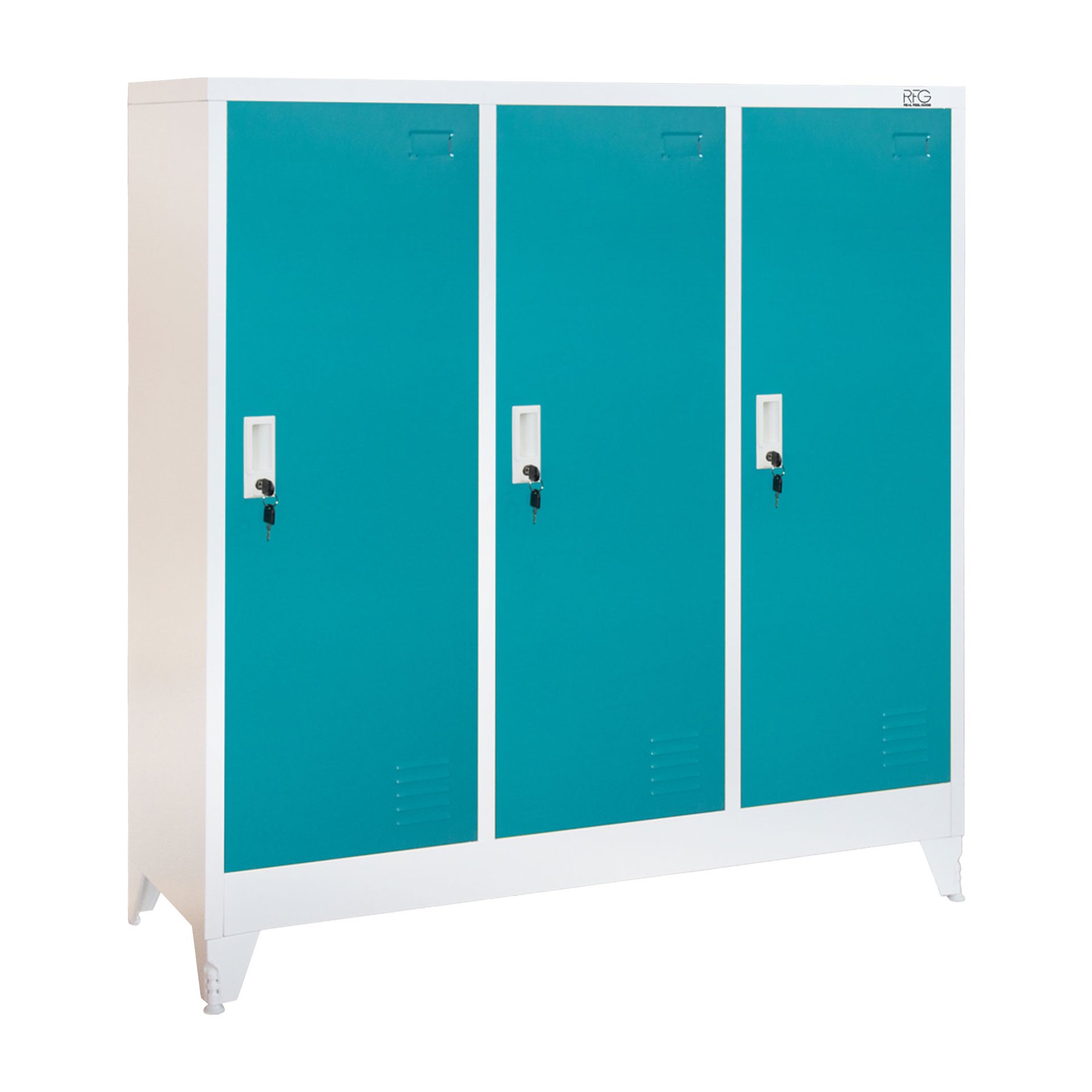 RFG Wardrobe, metal, triple, three doors, 120 x 40 x 120 cm, white, with turquoise doors