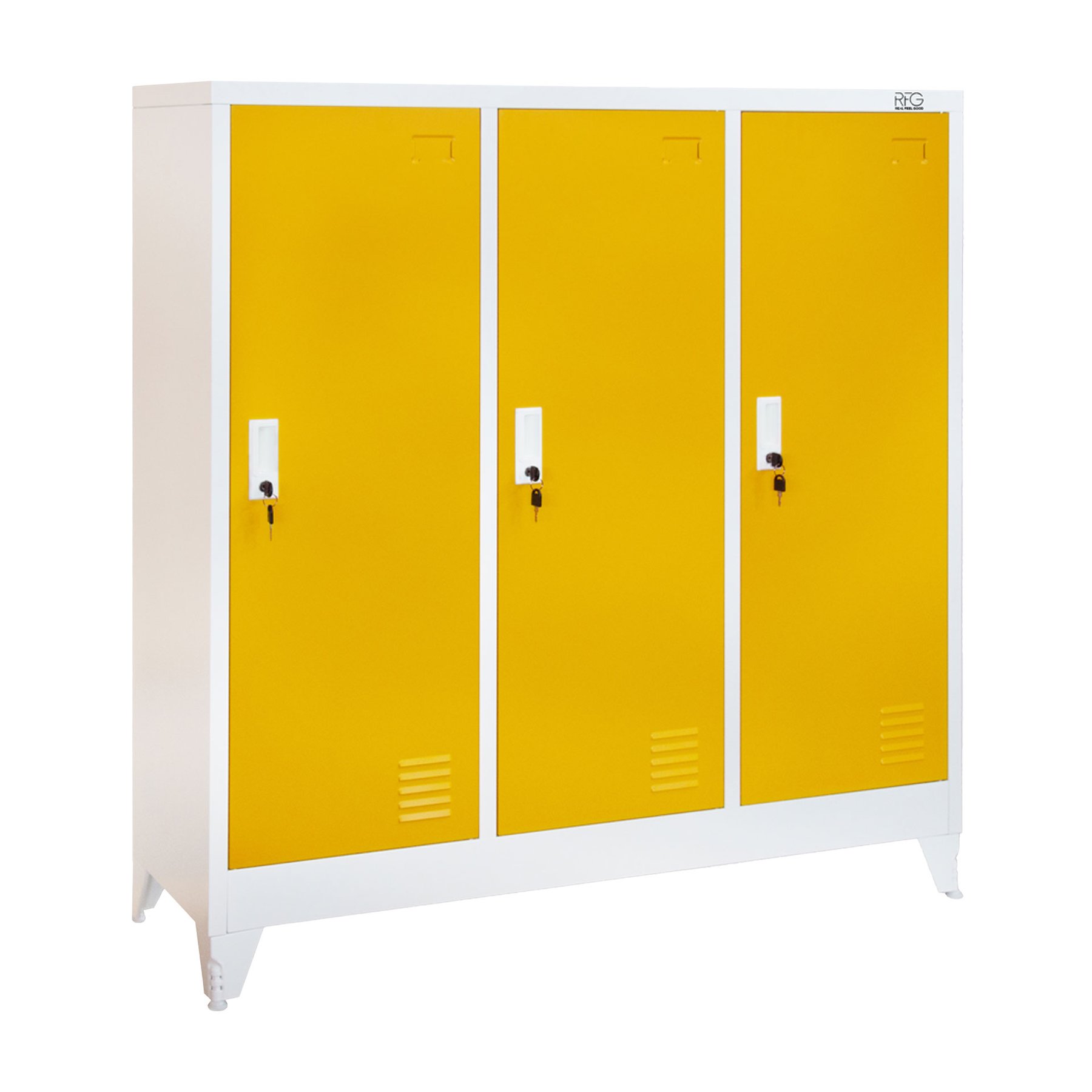 RFG Locker, metal, triple, with three doors, 120 x 40 x 120 cm, white, with yellow doors