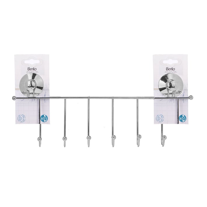 Закачалка за врата Berilo, с вакуум, 6 куки, сребриста