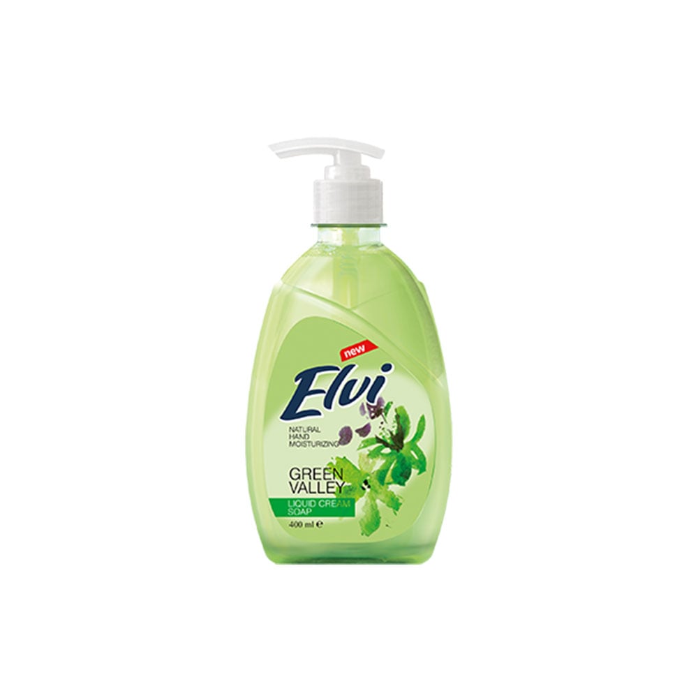Liquid soap Elvi, with pump, herbal leaves, 400 ml, green