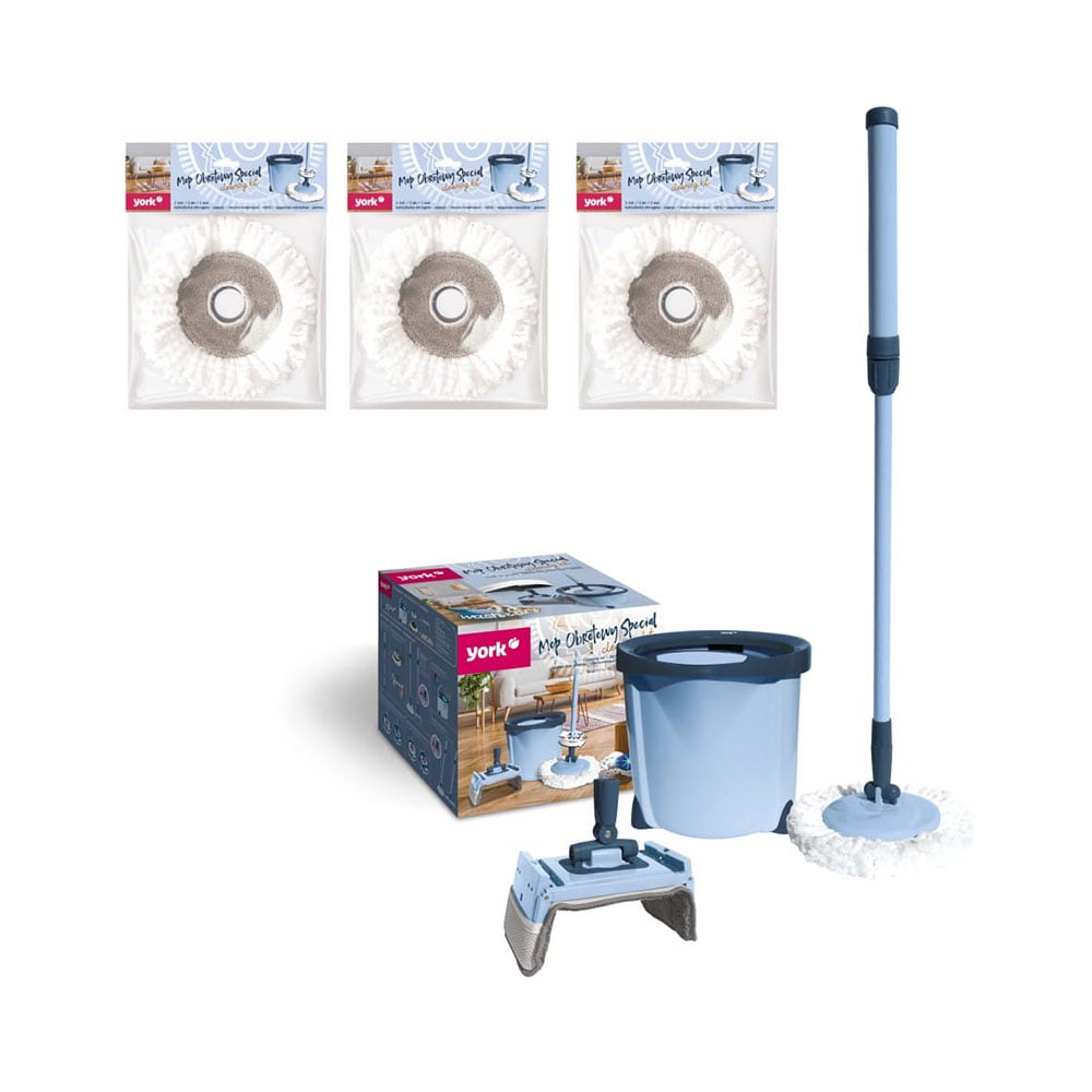 York Rotary floor cleaning kit, including 13L bucket with wringer, round mop, flat mop and handle