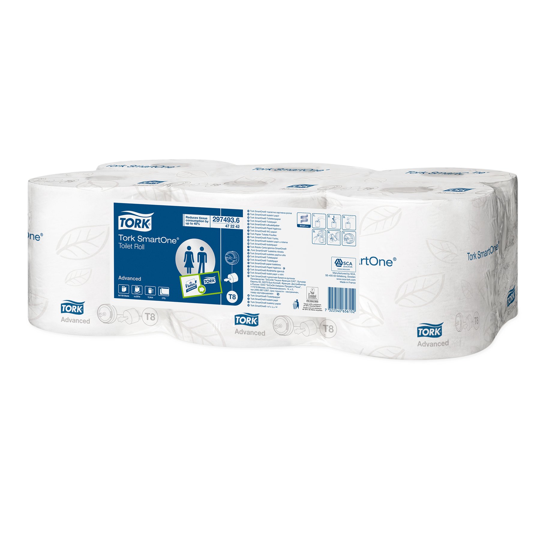 Toilet paper Tork Smart One T8, two-ply, cellulose, 207 m, 6 pieces, 1150 sheets