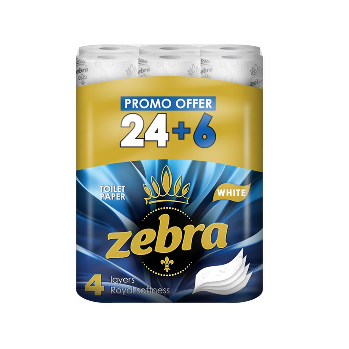 Toilet paper Zebra White, 4-ply, 130 sheets, pack of 24+6