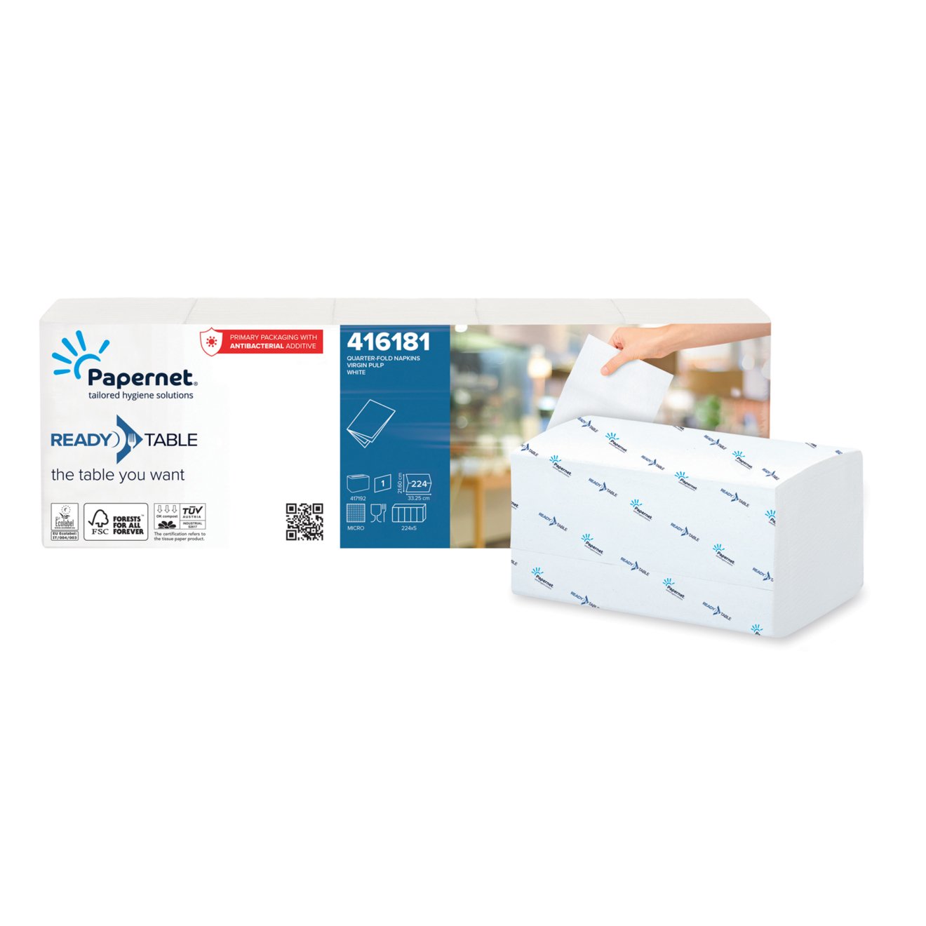 Napkins Papernet, per pack, cellulose, 224 short, 33.2 x 21.6 cm, 5 counts