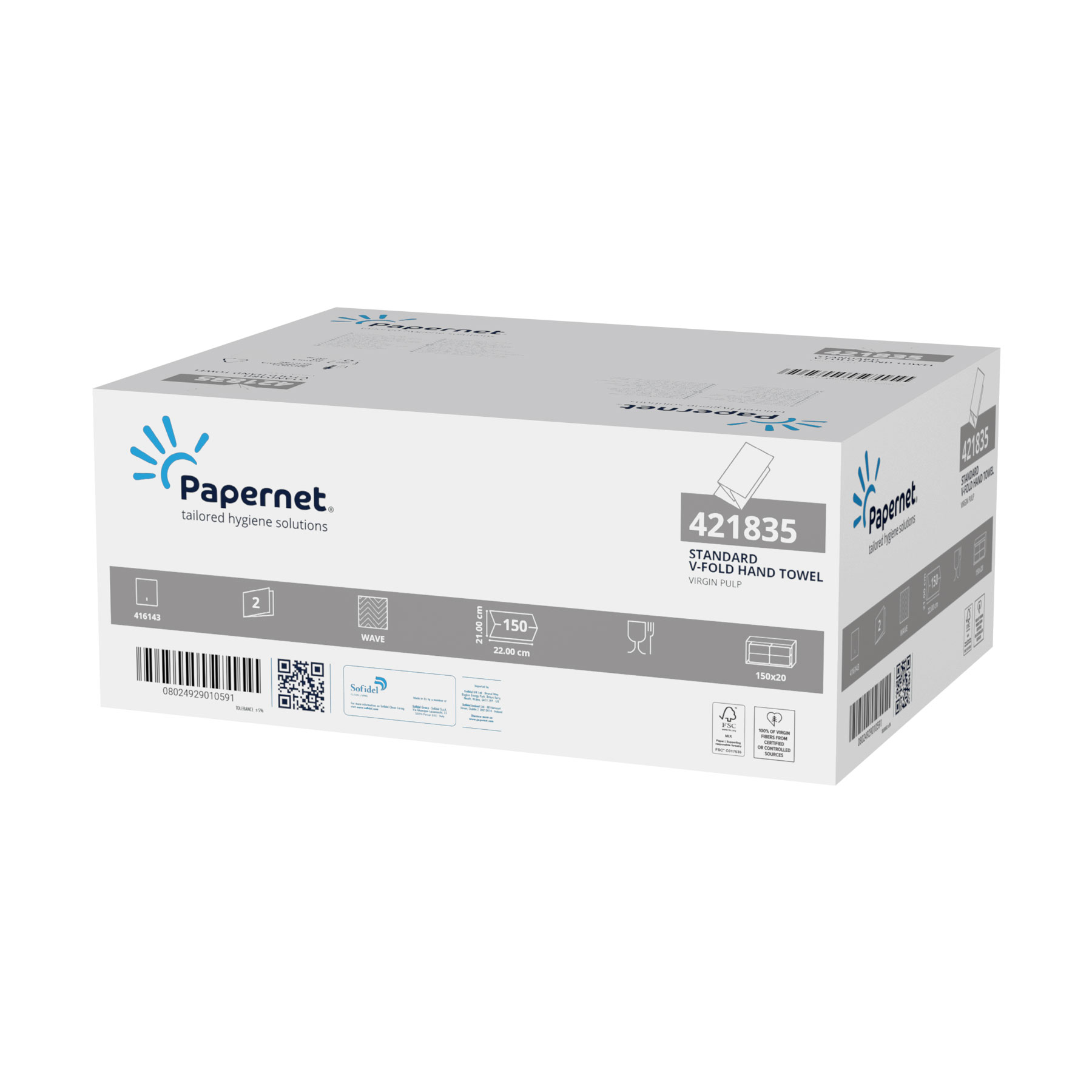Papernet Standard Hand Towels, V-fold, 2-ply, 22 x 21 cm, 150 sheets, 20 packs