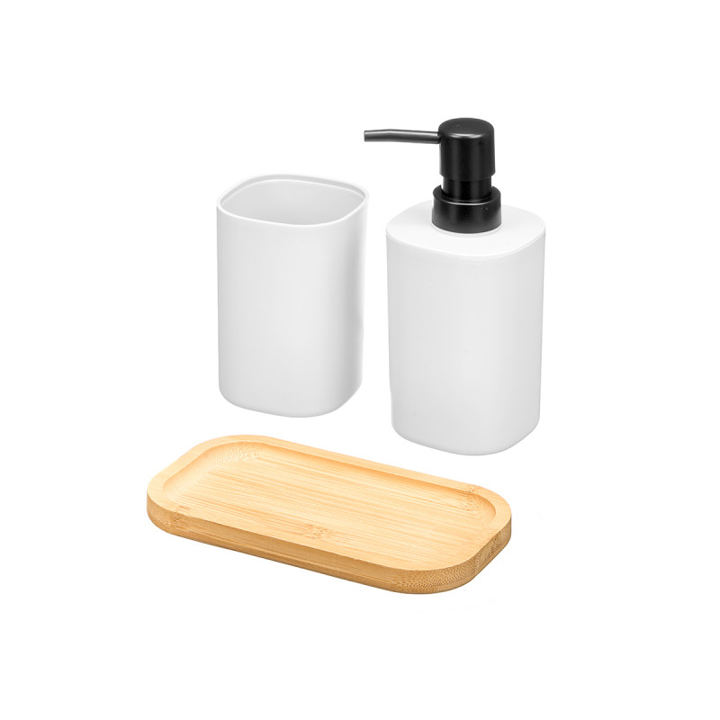 Foam hand soap dispenser Berilo, with cup and holder, bamboo, white