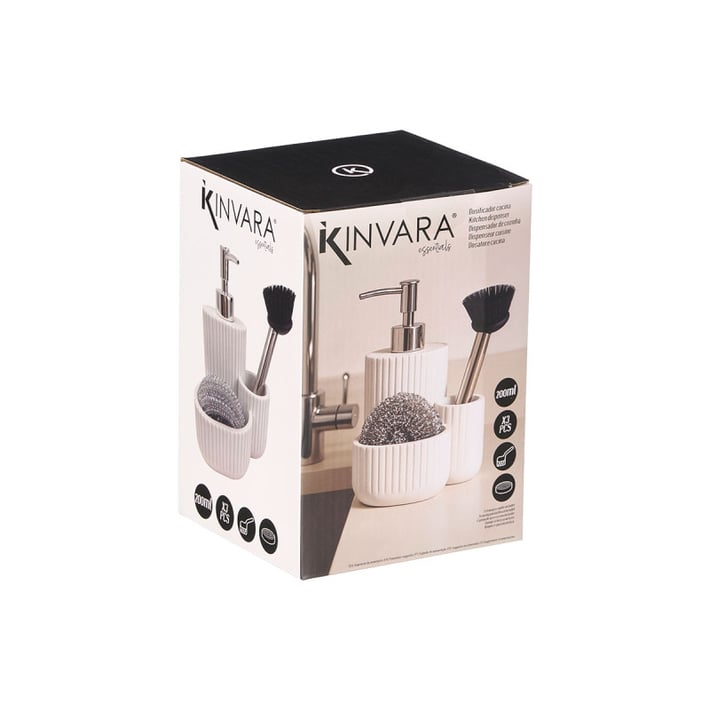 Диспенсър Kinvara, с поставка за гъба и четка, бял