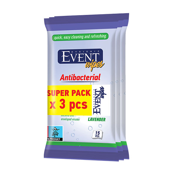 Wet towels Lavender Event, antibacterial, 3 x 15 count